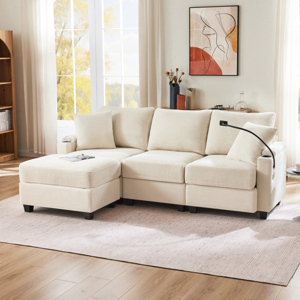 DIVANO ANGOLARE L 213,5x139x87 cm Beige in Corduroy con 2 cuscini