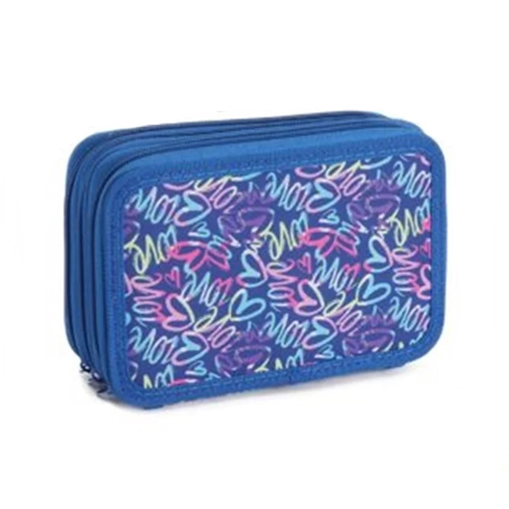 Trade Shop - Astuccio Scuola 3 Zip Cerniera Blu Motivo Con Cuori Stile Graffiti Per Matite Penne 605739 -