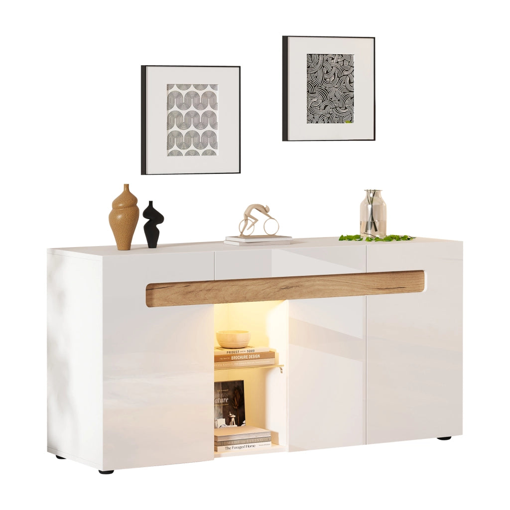 OKWISH Credenza con 3 Ante, Ripiano in Vetro e LED con Controllo da App, per Soggiorno, 140 x 40 x 70 cm
