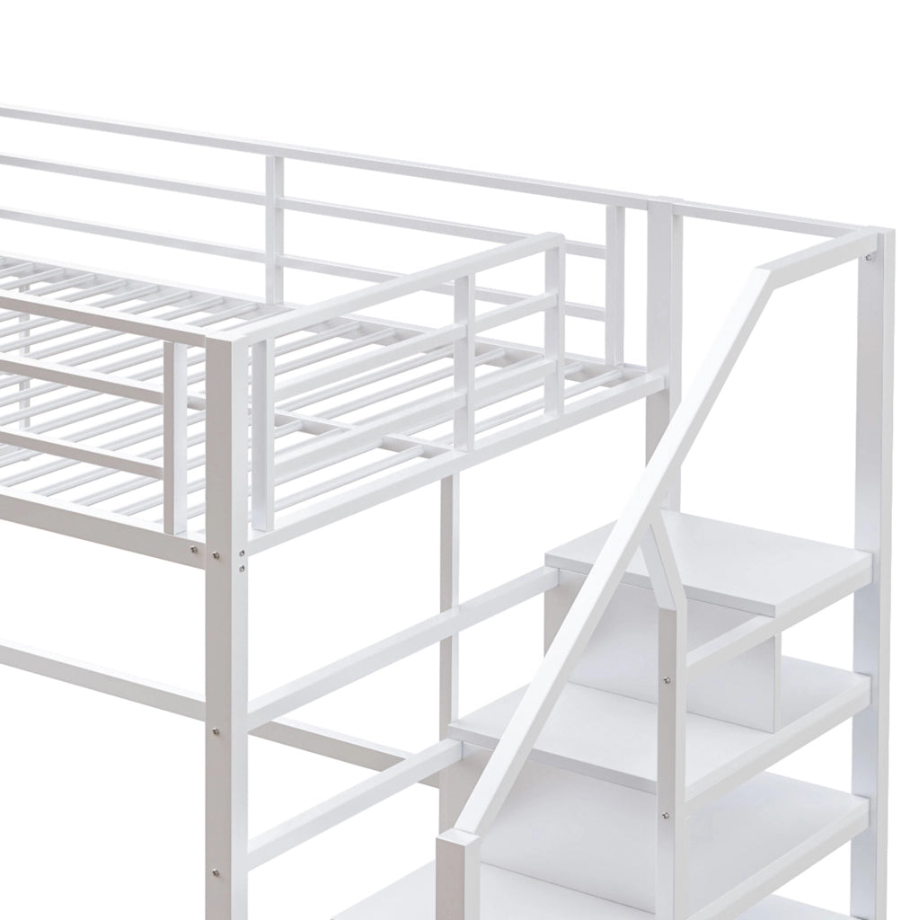 Letto a soppalco per bambini 140x200 cm con mensole; scala contenitore e barriera bianco