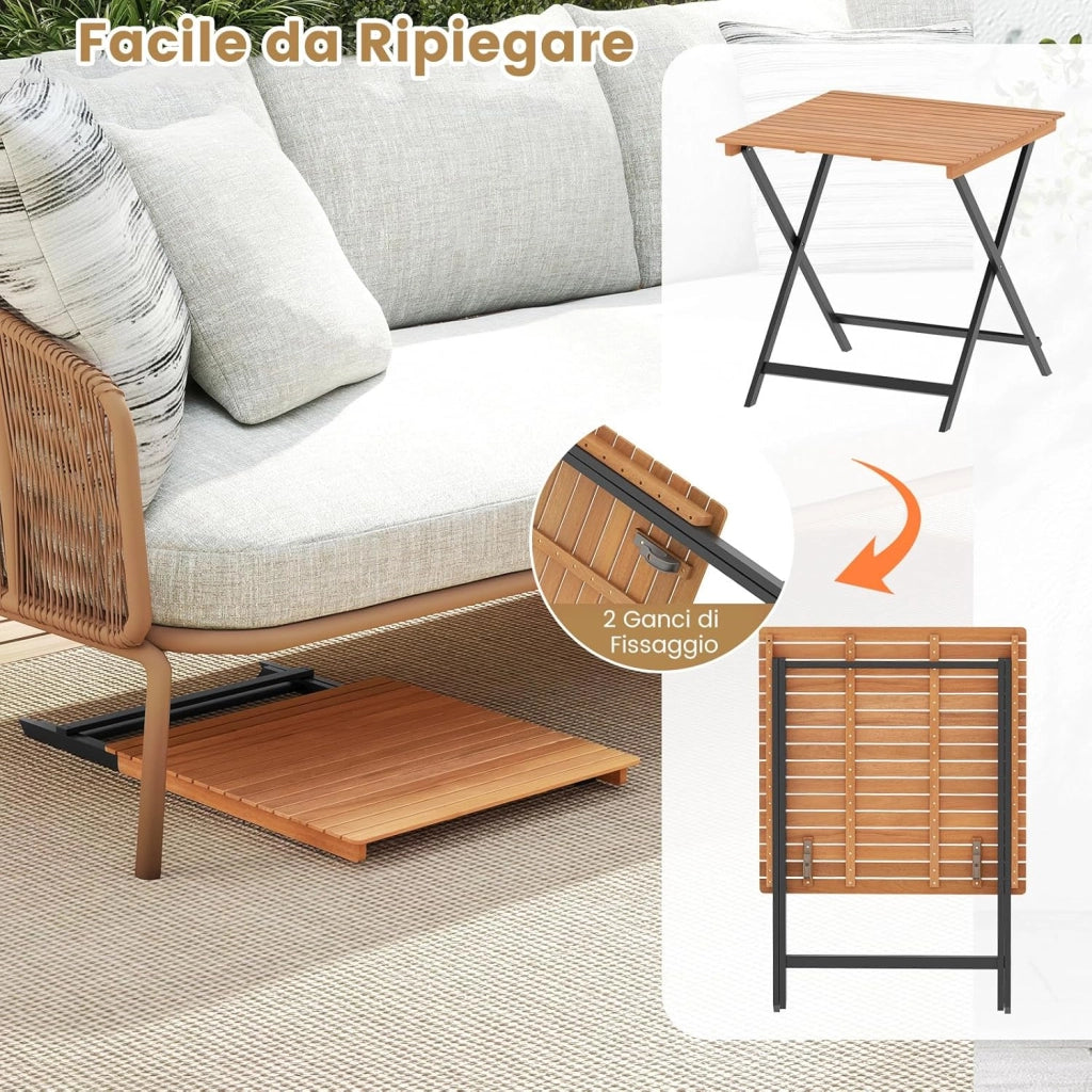 Tavolo Pieghevole da Esterno, Quadrato in Legno di Acacia, 2 Ganci di Fissaggio, Struttura a X, per Balcone Terrazzo Giardino, Portata 80 kg