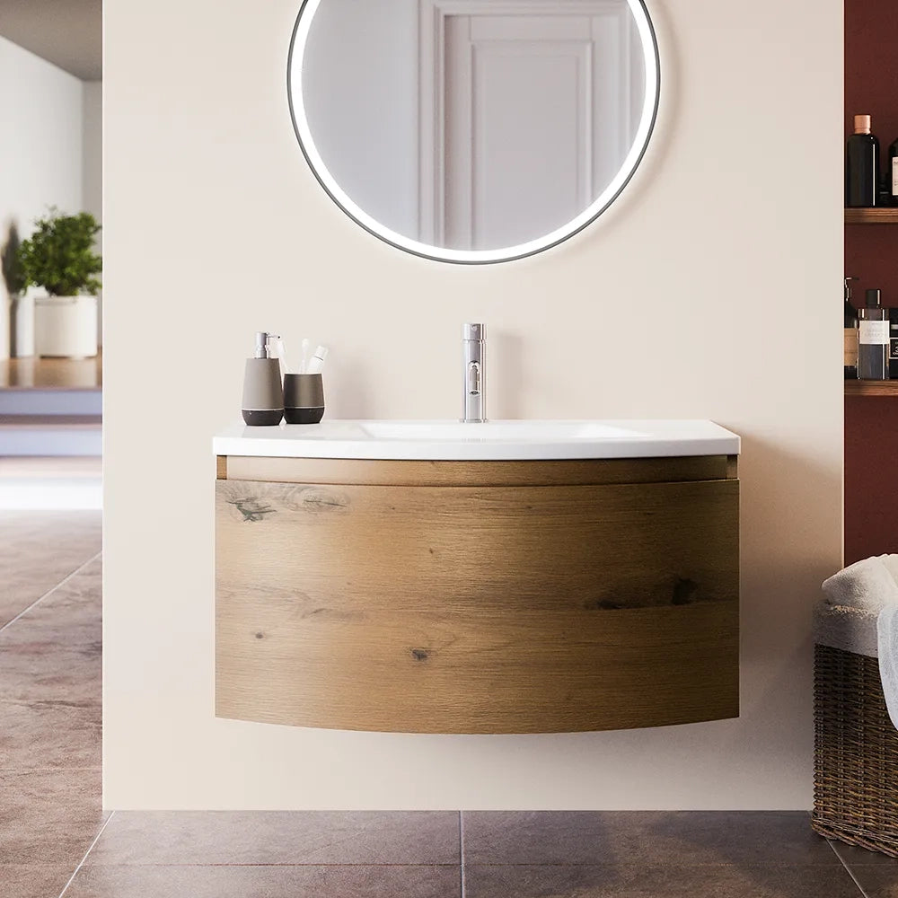 Mobile sospeso 100 cm rovere oro con un cassetto e lavabo in ceramica, frontale curvo | Lula
