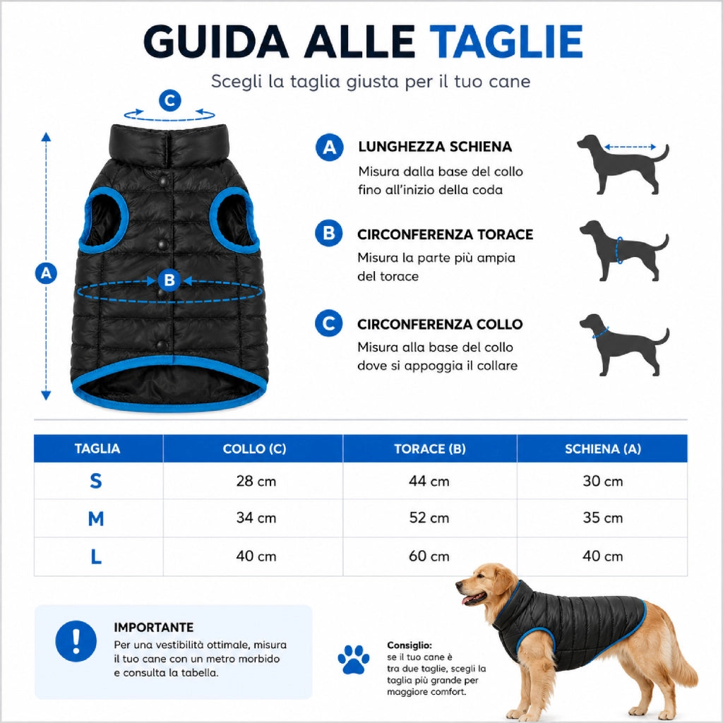 Cappottino Imbottito per Cani con Collo Alto Antivento, Giubbotto Invernale Trapuntato con Chiusura a Bottoni, Giacca Calda e Leggera per Cani di Piccola, Media e Grande Taglia, Nero con Profili Blu  Nero - S