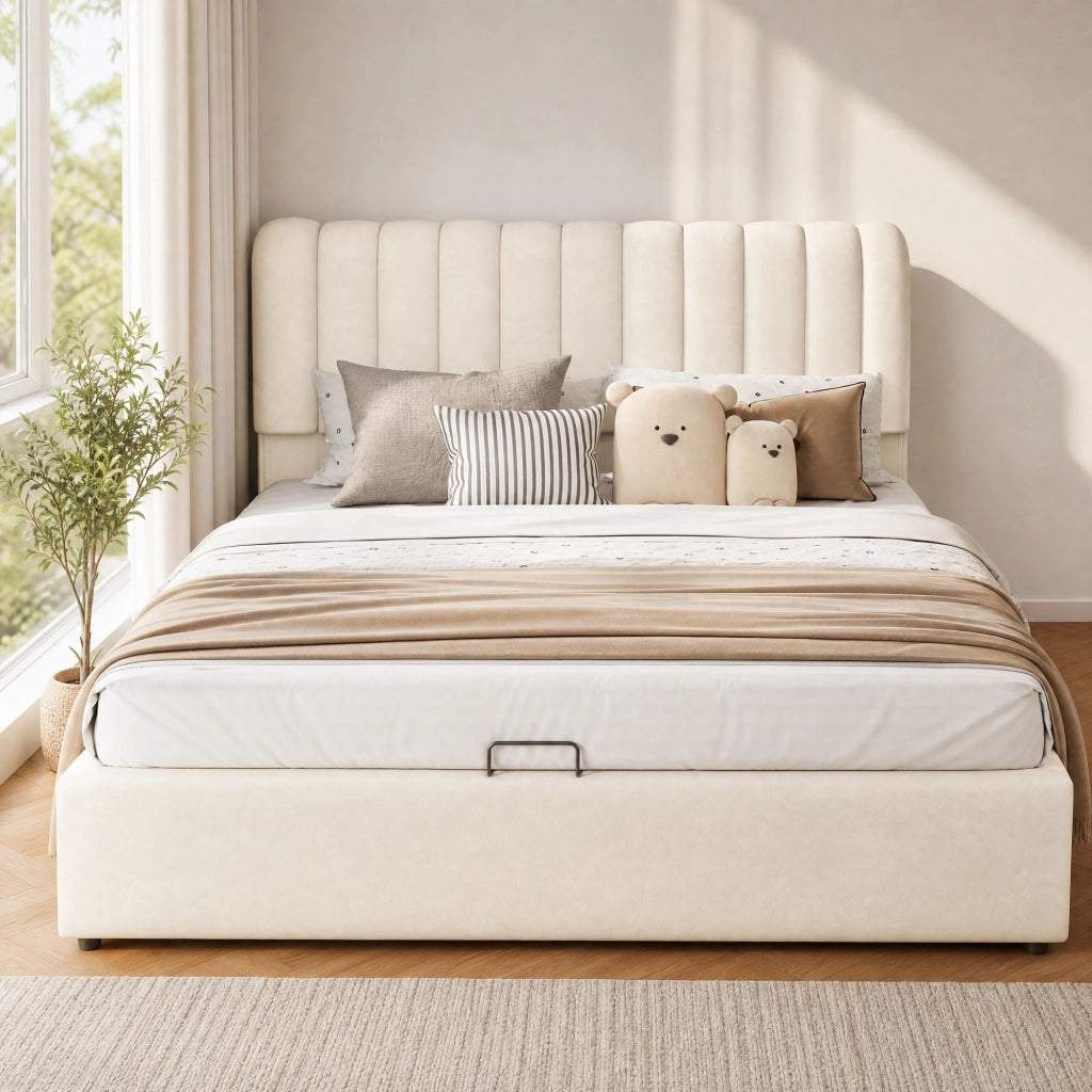 Letto contenitore per bambini con 3 cassetti, LED e velluto beige