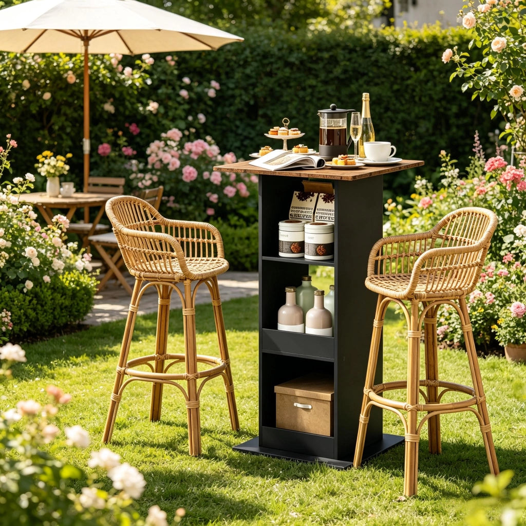 Tavolo bar quadrato con 3 vani aperti, mobile contenitore 2 in 1 per cucina e soggiorno, nero, 60 × 60 × 109 cm