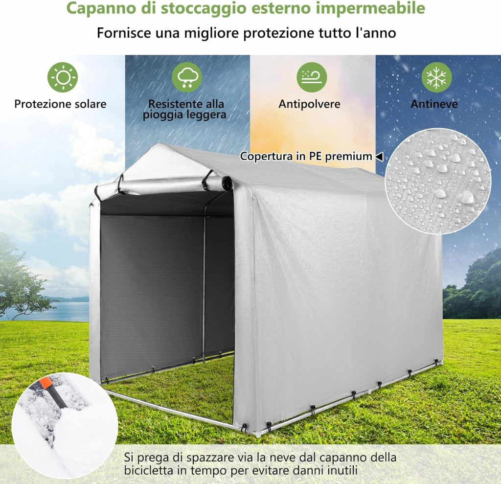 Capanno di Stoccaggio per Esterni, Garage Portatile per Biciclette, Motociclette, Attrezzi da Giardino, Carport per Bici con Porta a Rullo e Cerniera, 160 x 218 x 164 cm (Grigio Argento)