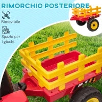 Trattore Elettrico per Bambini 3-6 Anni con Rimorchio Rimovibile, Batteria 12V e Telecomando, Rosso