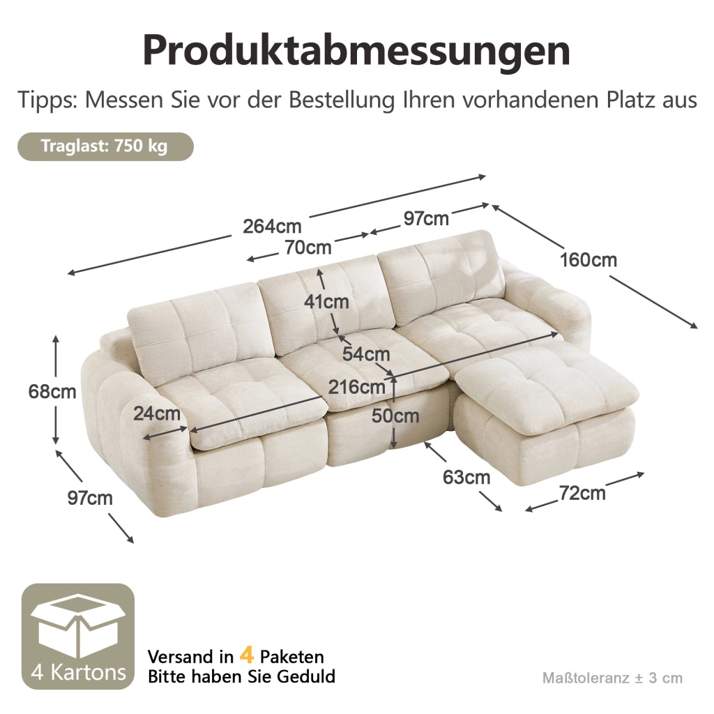 Divano modulare angolare senza struttura con rivestimento in chenille e comfort ergonomico beige 264 × 160 × 68 cm
