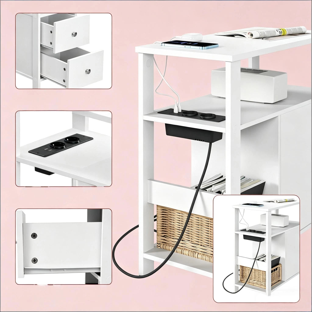 Tavolino basso con prese, 2 cassetti e 2 ripiani aperti, per soggiorno e camera, in legno, bianco, 60 × 60 × 30 cm