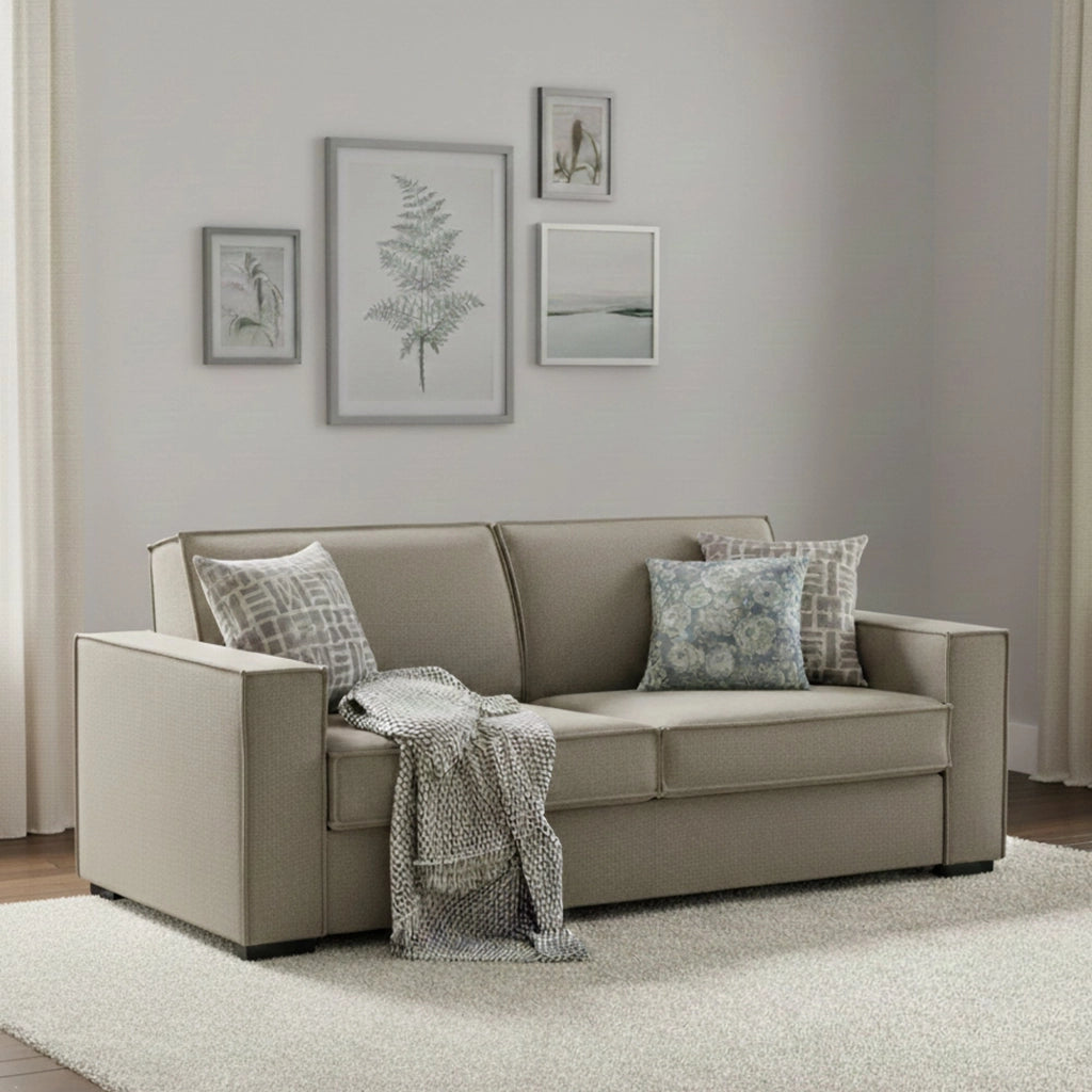 Divano Letto Amapola, Divano a 2 posti Large, Made in Italy, SofÒ  Soggiorno con apertura girevole, in tessuto imbottito, con Braccioli standard, cm 200x95h90, Tortora