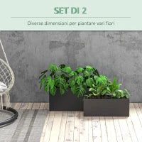 Set da 2 Vasi da Giardino Rettangolari Impilabili per Esterno e Interno, Nero