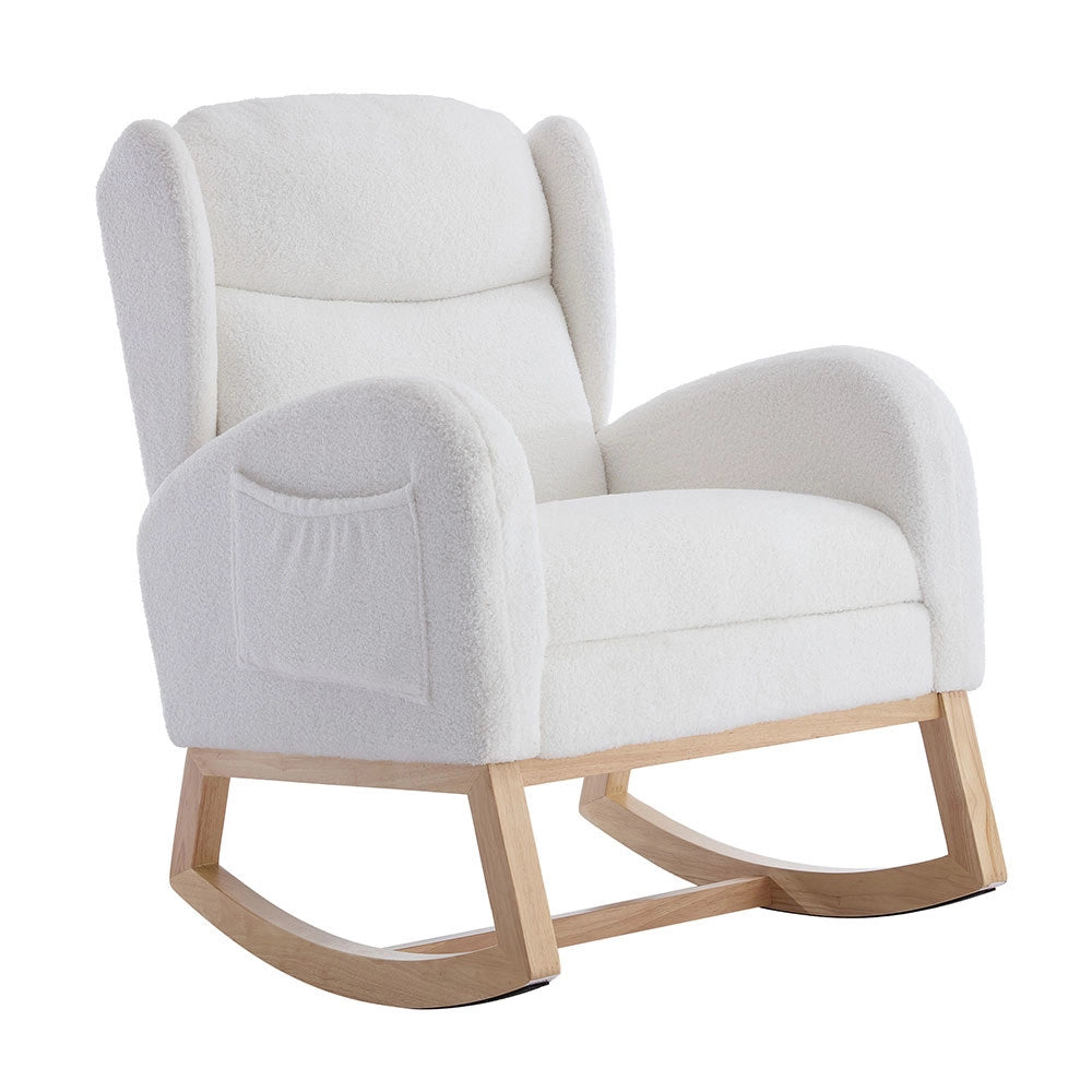 Sedia a dondolo allattamento - Xylo - Struttura in legno, tessuto Teddy, poche, bianco