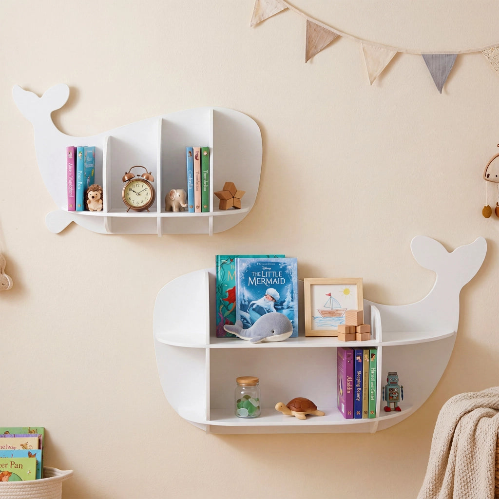 Set libreria per bambini a forma di balena con scomparti, Libreria da parete salvaspazio per cameretta soggiorno e sala giochi