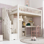 OKWISH Letto a Soppalco 90×200 cm, Letto Singolo con Scrivania, Armadio, Mensole, USB e Tipo C, senza Materasso, in Legno, Bianco