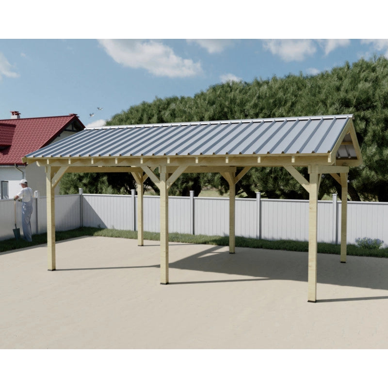 Tettoia posto auto in legno abete 390x596 cm – Altezza 330 cm – Carport con copertura acciaio zincato – 2 posti auto – KA4565BA Foresta