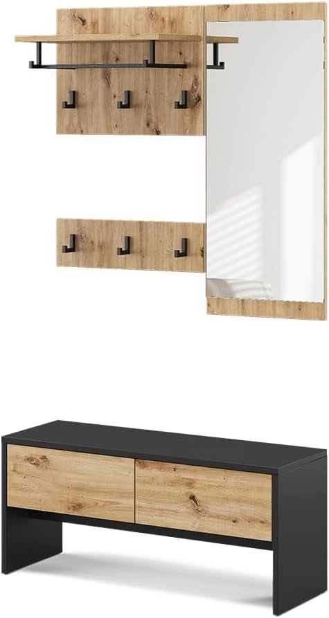 Armadio da ingresso Selena, Bianco/Artisan, 90 x 40 cm 4 parti, per montaggio a parete per un'organizzazione salvaspazio nell'ingresso