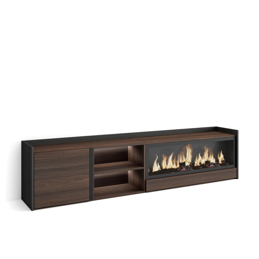 Mobile TV Soggiorno, 212x50x35 cm, Per TV fino a 80", Camino elettrico XXL, LED, Rovere scuro e Nero