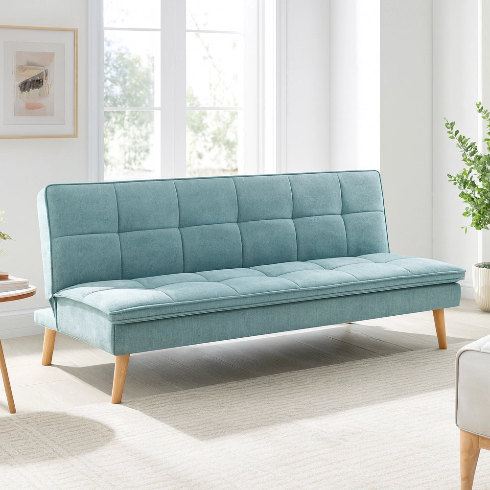 Divano Letto Reclinabile 3Posti in Tessuto Nordico con Gambe Legno Naturale Celeste