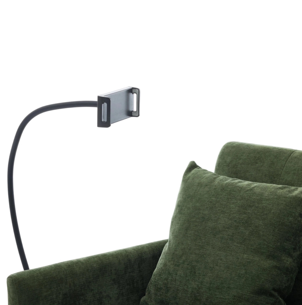Divano in tessuto multifunzionale dal design moderno minimale con porta USB e supporto per tablet, dimensioni compatte