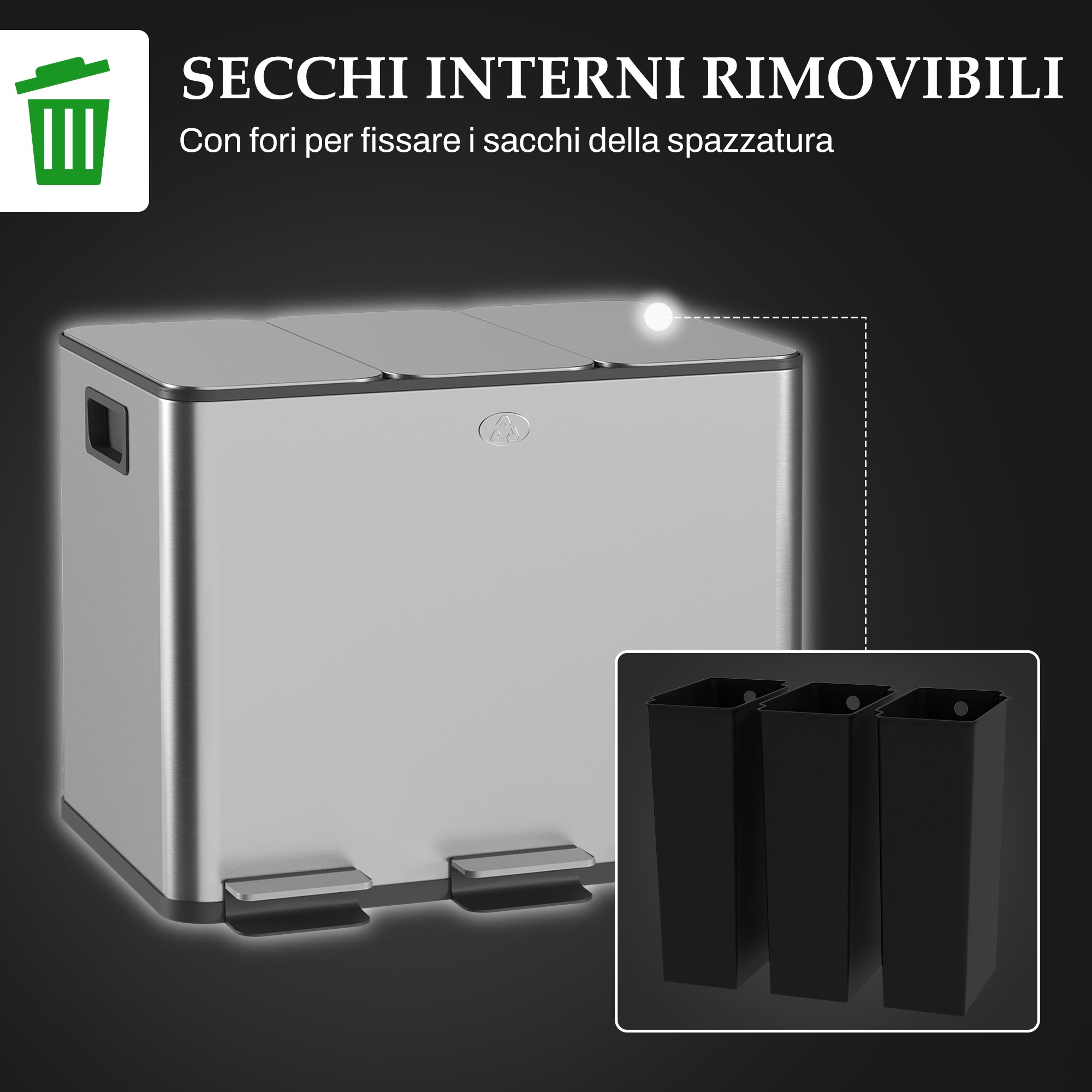 Pattumiera a Pedale 3 Sezioni da 20L 61,9x36,6x56,7 cm in Acciaio Inox e PP