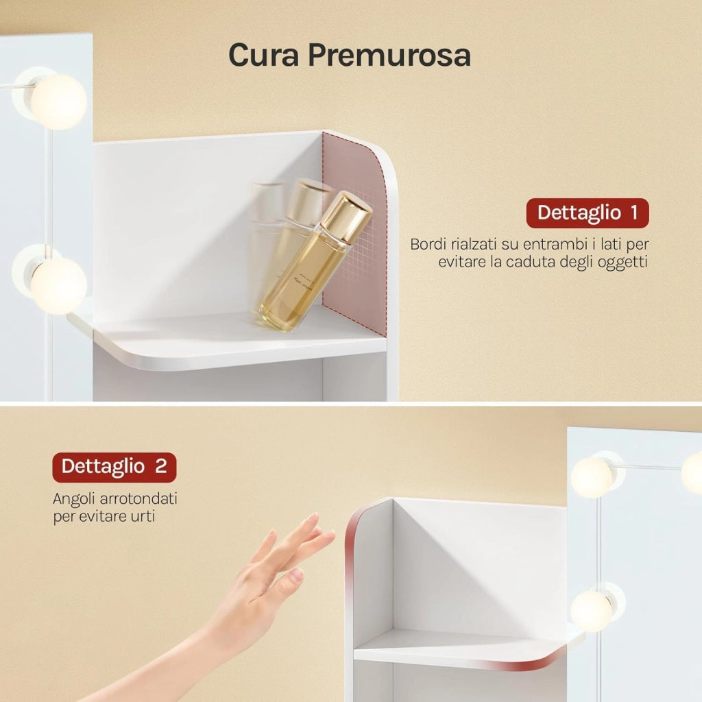 Postazione Trucco, Toeletta Trucco con Luci, Toeletta Trucco,Scrivania con Specchio e 10 Lampadine LED Dimmerabili,2 Cassetti e 4 Ripiani,Comò per Camera da Letto in Legno, Bianco, 90x40x135cm