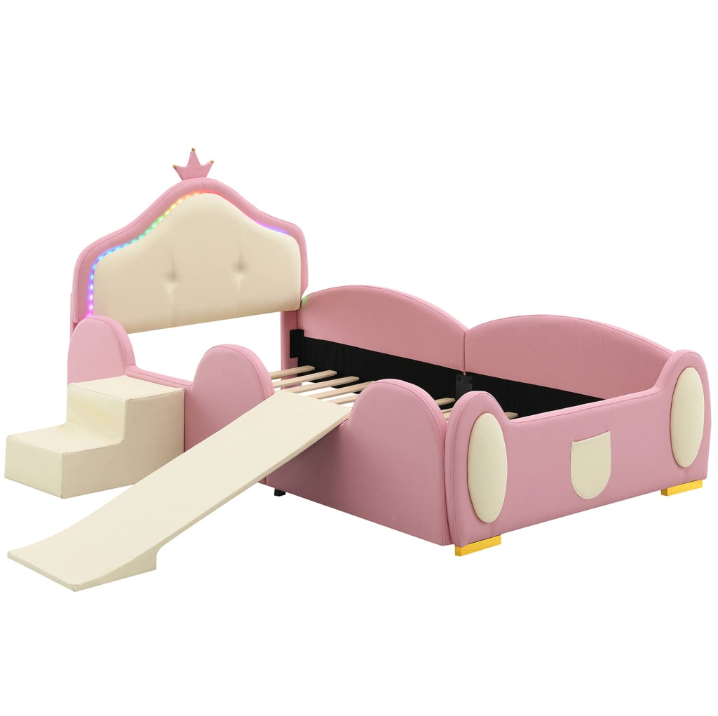 Letto imbottito per bambini ULEVR 90x200 cm con LED multicolore, scivolo e scaletta, PU rosa e beige