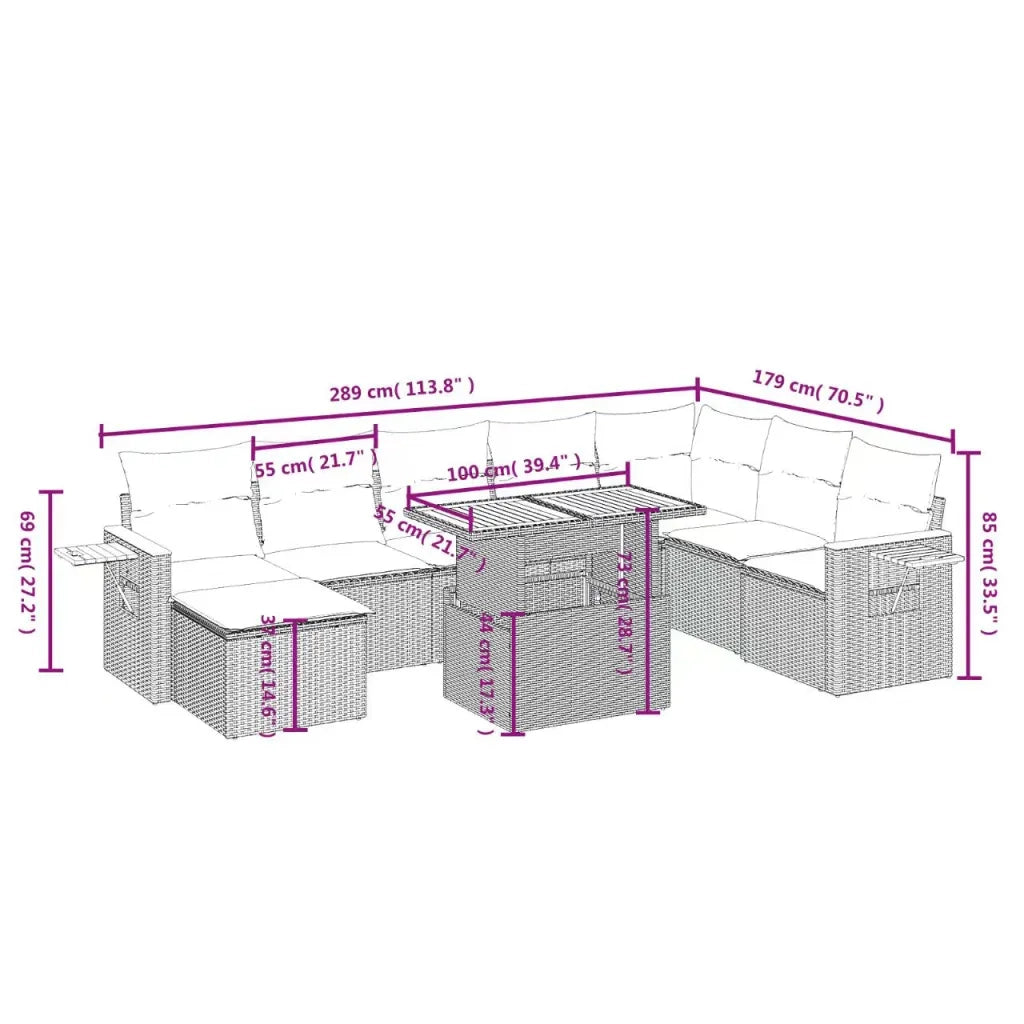 Set Divano da Giardino 9 pz con Cuscini Beige in Polyrattan