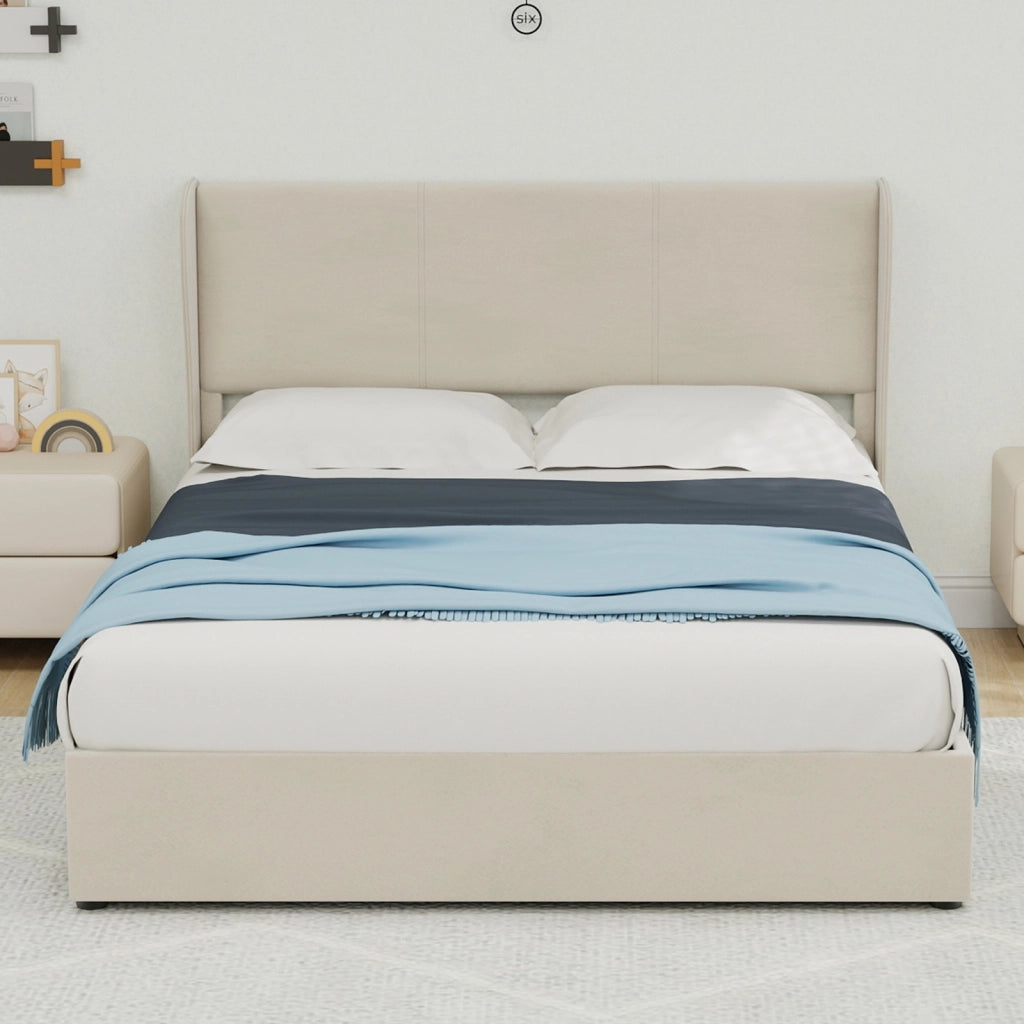 Letto Contenitore Imbottito ¨C MINIMAL ¨C Beige 140x200 con Testiera e Meccanismo Idraulico