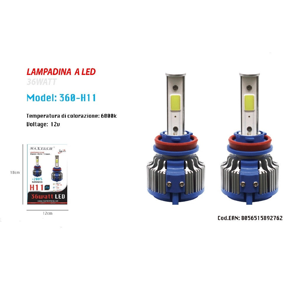 Trade Shop - Coppia Lampadine Led Auto Faro Macchina H11 Luce Bianca 6000k 360° Maxtech 360-h11 -