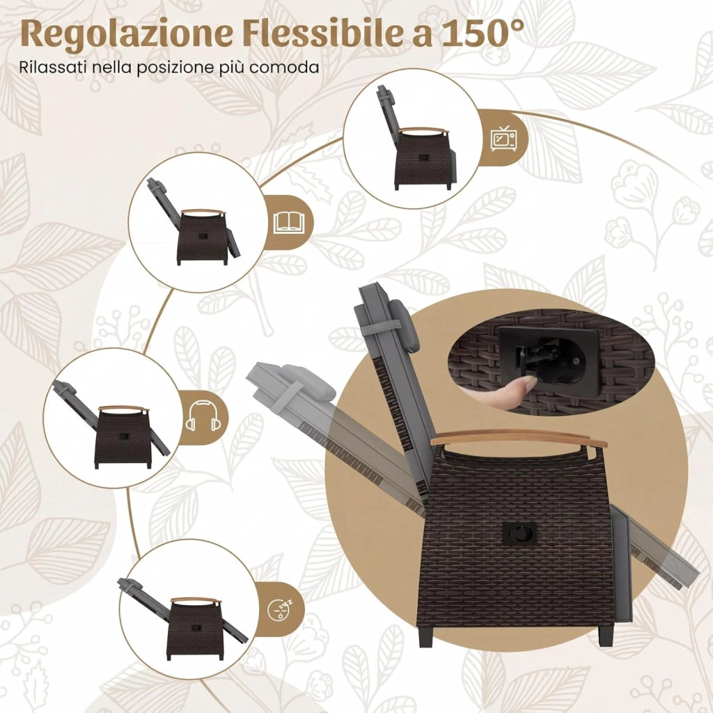 Poltrona Reclinabile da Giardino, Sedia Relax Esterno in Rattan con Schienale Regolabile a 150°, Poggiapiedi e Tavolino Pieghevole, Portata 180 kg, per Patio, Cortile e Terrazzo (Grigio,1)