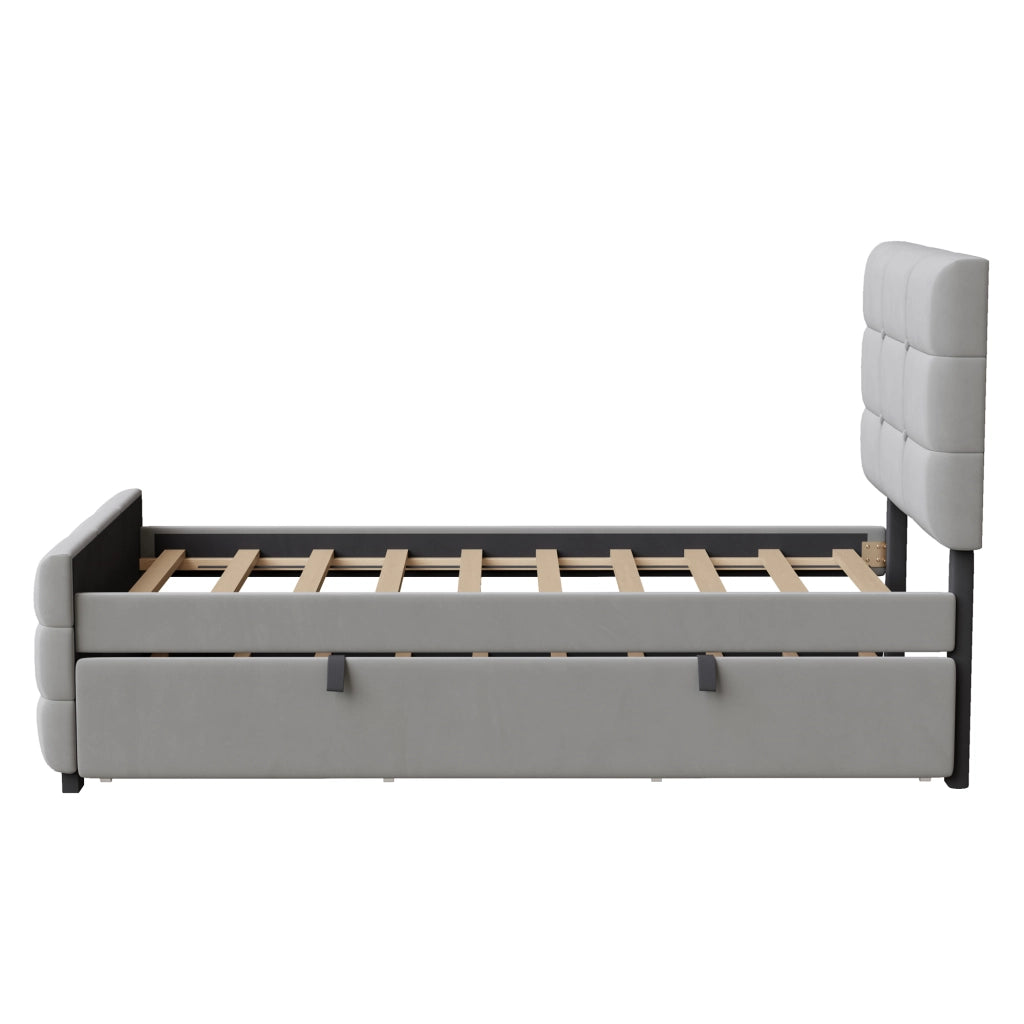 Letto singolo estraibile 90×190 cm e 190×90 cm con testiera imbottita e rete; senza materasso; grigio