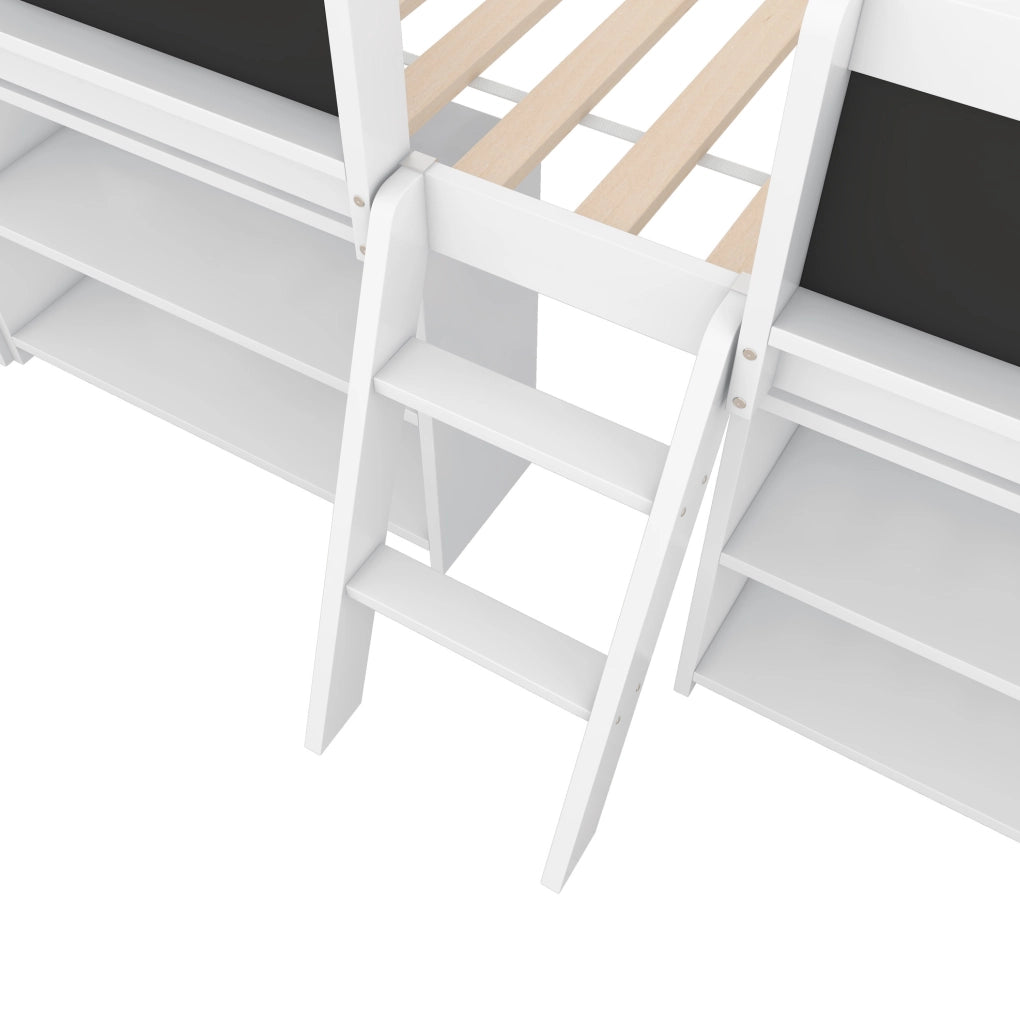 Letto semialto 90x200 cm con mensole, sponda di sicurezza e scala, bianco