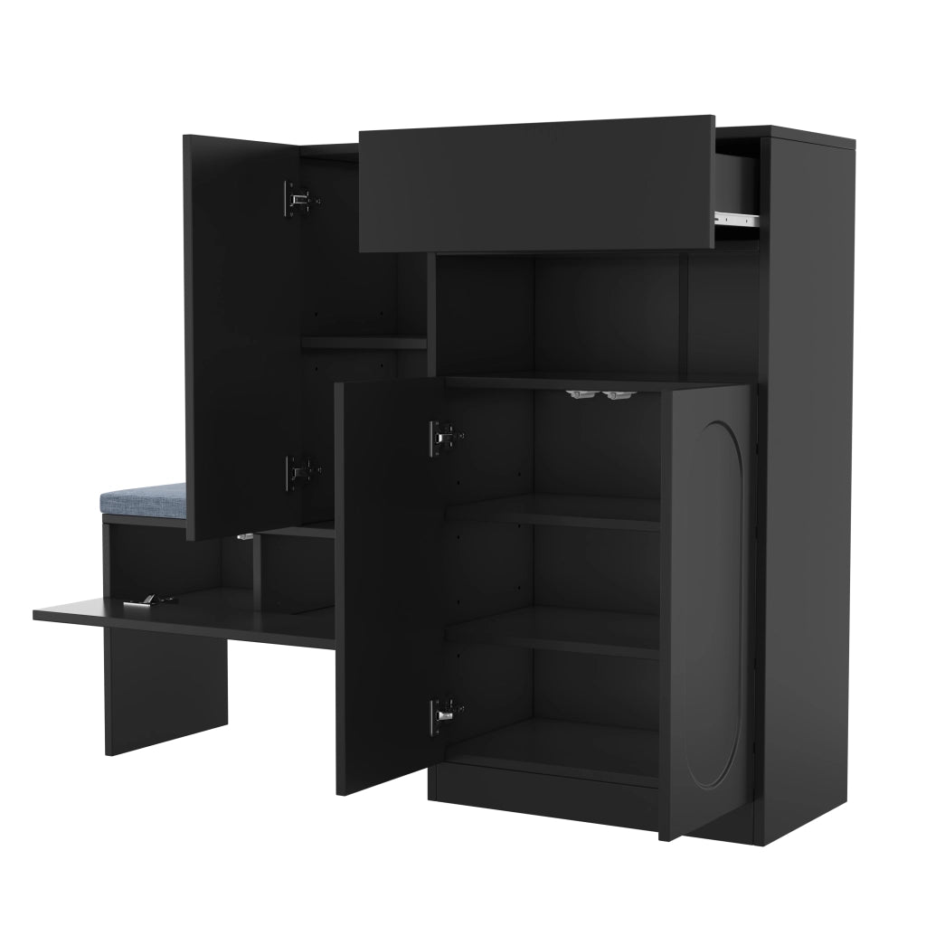Mobile scarpiera 2 in 1 con panca imbottita e ante soft-close, nero, 130x35x110 cm