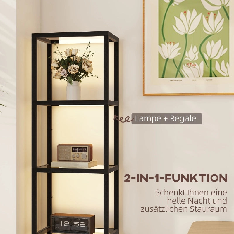 Lampada da terra a LED con ripiano a 4 livelli, ripiano illuminato con 4 scomparti in vetro, interruttore a pedale, MDF, nero