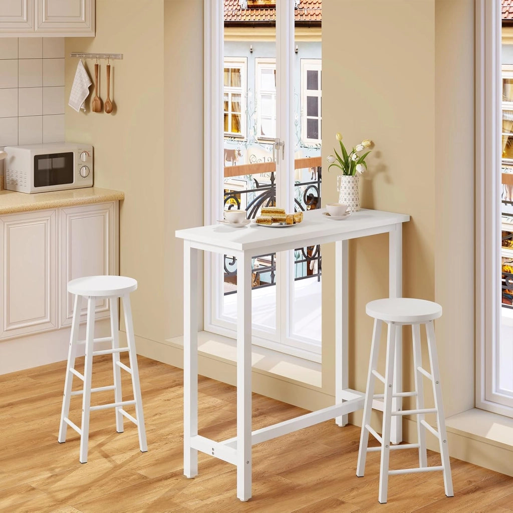 Tavolo Alto con 2 Sgabelli, Set Pranzo per Cucina, Sala da Pranzo, Isola da Cucina, Sgabelli Rotondi, Struttura in Metallo, Design Industriale, Bianco