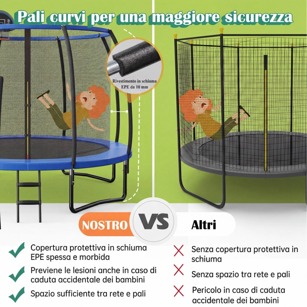 Tappeto elastico da esterno con anello da basket rete cuscinetto di sicurezza, Trampolino da esterno palla da basket e pompa incluse