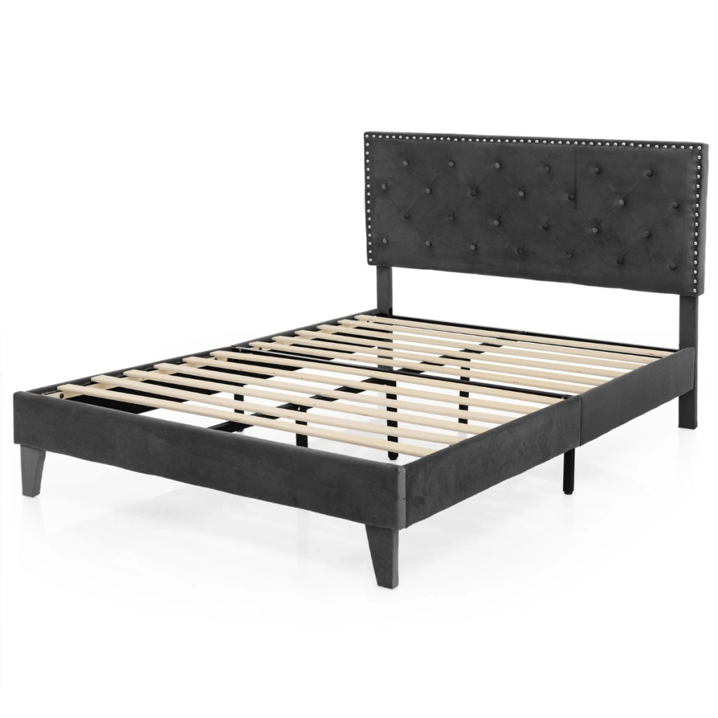 Letto a piattaforma imbottito con testiera bottoni doghe in legno, Struttura letto moderno Grigio 207,5x160x105,5/114cm-Letti e strutture