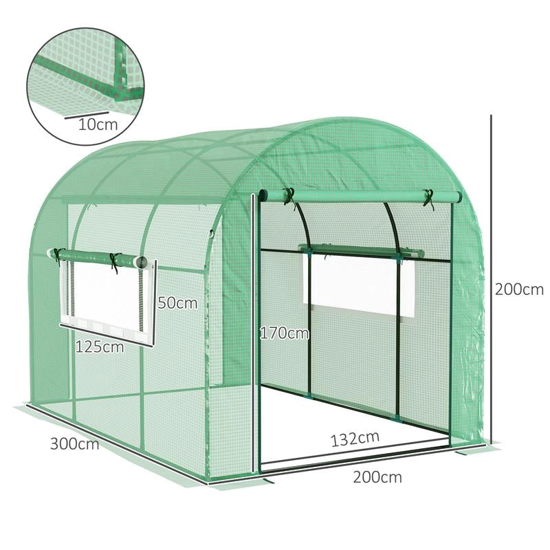 SERRA A TUNNEL PER ORTO 3X2X2 M IN ACCIAIO E PE ANTI UV CON PORTE AVVOLGIBILI E FINESTRE, VERDE