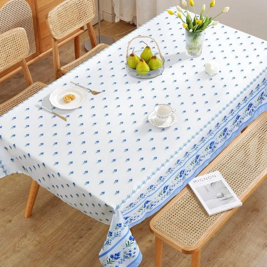 Tappeto da tavolo Blu Bianco Fiori Decorativo con Bordo per Giardino, Cucina e Feste d'Estate (140 x 180 cm)