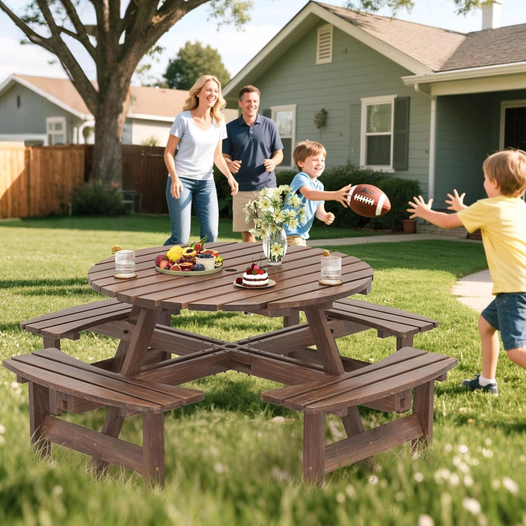 Set Tavolo da Giardino con 4 Panche Integrate, Legno Massiccio, con Foro Ombrellone, per 4-8 Persone, Tavolo Rotondo da Picnic per Esterno, Ogni Panca Porta 250 kg (Marrone, 179 x 179 x 70 cm)