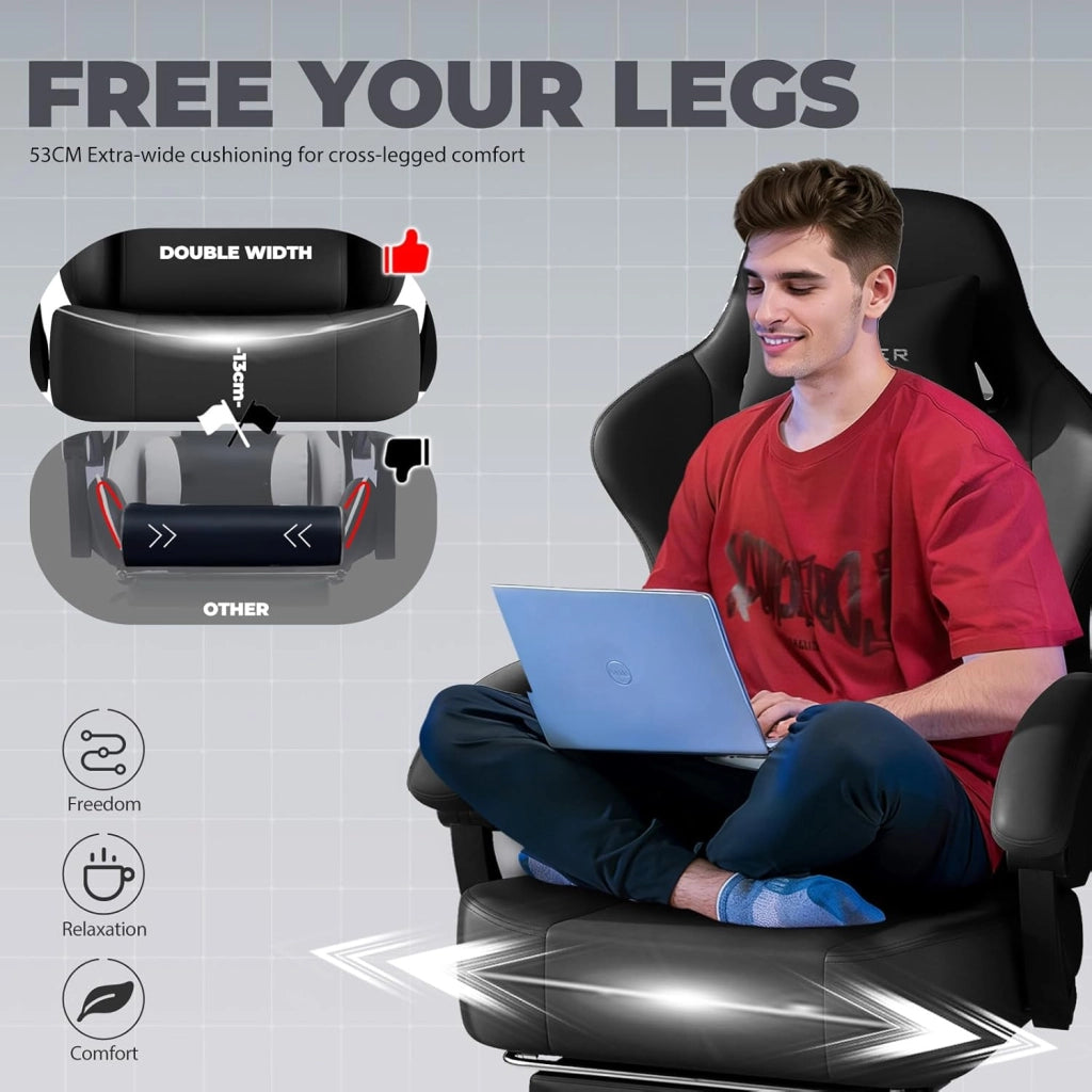 Sedia da gioco, traspirante, sedia da ufficio, ergonomica, in tessuto di alta qualità, ergonomica, schienale regolabile a 160°, poggiapiedi estraibile,carico 180 kg,nero