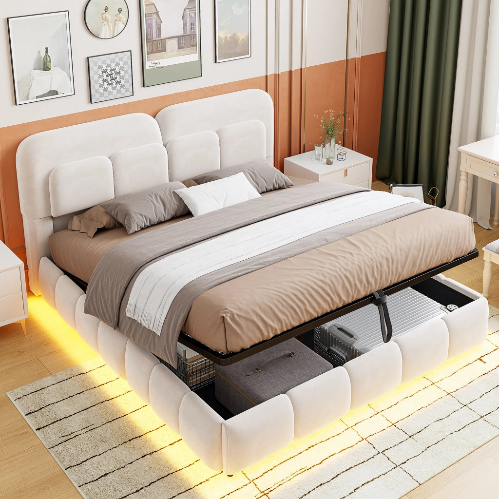 Letto Contenitore 140x200 cm; Letto Matrimoniale con LED e idraulico - in Velluto Beige
