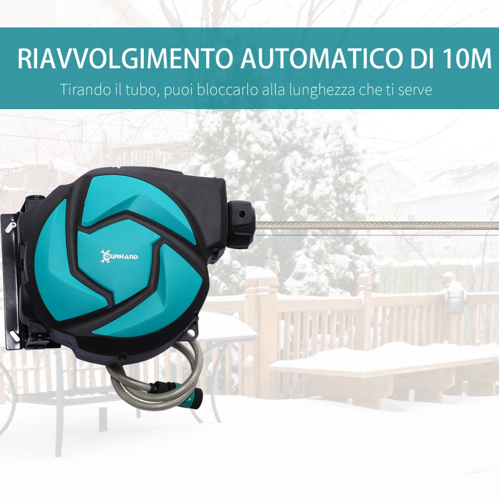 Avvolgitubo Automatico a Parete con Tubo da 10 m, in Plastica e PP, 28x14x34 cm, Nero e Azzurro