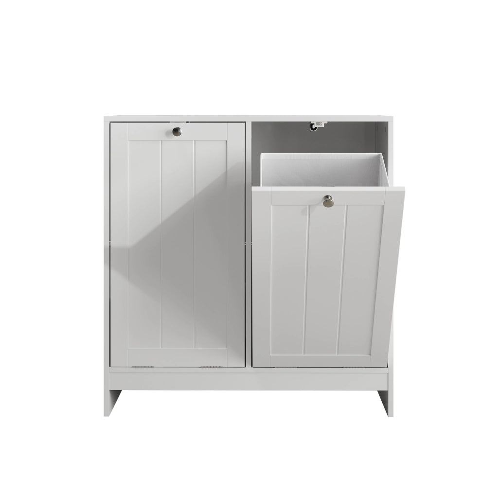 Armadio portabiancheria inclinabile con 2 cesti estraibili, organizer freestanding per bagno e lavanderia, bianco