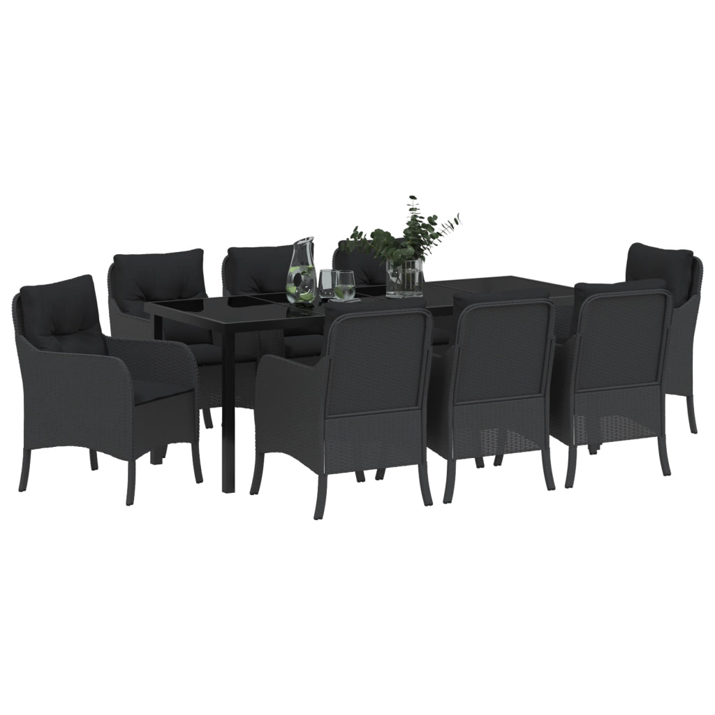 Set da Pranzo da Giardino da 9 Pezzi con Cuscini Nero Rattan Polimerico