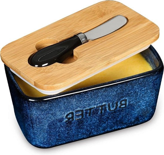 Contenitore ceramico per burro - contenitore a chiusura ermetica con lama per burro - grande contenitore per burro Crock - blu