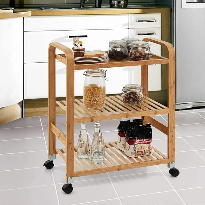 Carrello da Cucina di Bambù, Scaffale da Cucina con 3 Livelli e Ruote Staccabili, Ideale per Casa Ristorante Bar, 58x33x76 cm