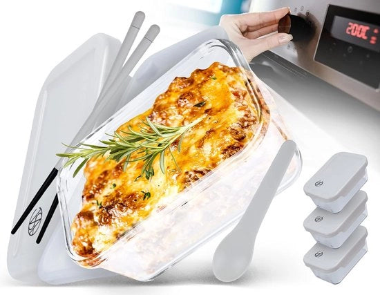 Scatola di preparazione dei pasti in vetro (Set da 3) - Scatola di preparazione dei pasti in vetro realizzata con vetro borosilicato - Scatola di cibo con cucchiaio e stecchi per mangiare - Scatola di preparazione dei pasti impermeabile