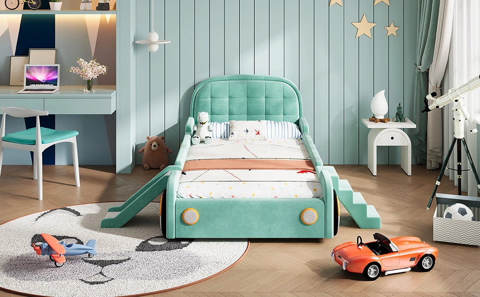 Letto per bambini 90 × 200 cm a forma di auto con scivolo e scala reversibili, senza materasso, velluto blu-verde