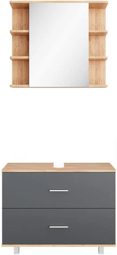 Set mobili bagno Ilias, Antracite/quercia dorata, 80.2 cm, composto da specchio da bagno e mobile sottolavabo